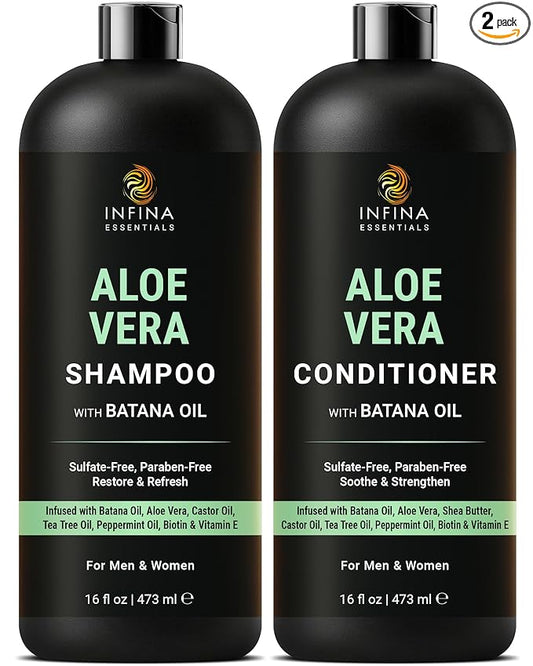 INFINA ESSENTIALS Aloe Vera Shampoo and Conditioner Set | 16 fl oz Each | with Batana Oil | Hydrating, Soothing & Moisture Balance Formula | Nourishing Care for Dry, Itchy or Sensitive Scalp