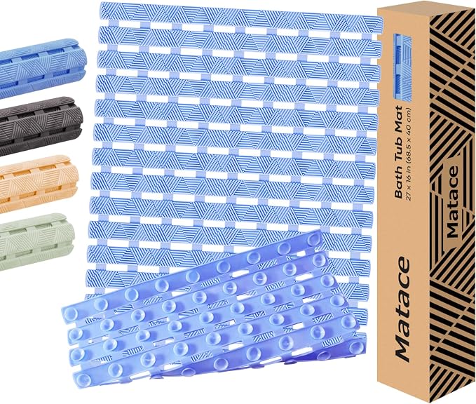 Bathtub Mat Non Slip - for Inside Bath Tub & Shower, Small 27x16 Inch, 180 Strong Suction Cups, Soft Textured Surface, Fast Drain & Quick Dry, Bathroom Safety Mat, Pastel Blue, Matace