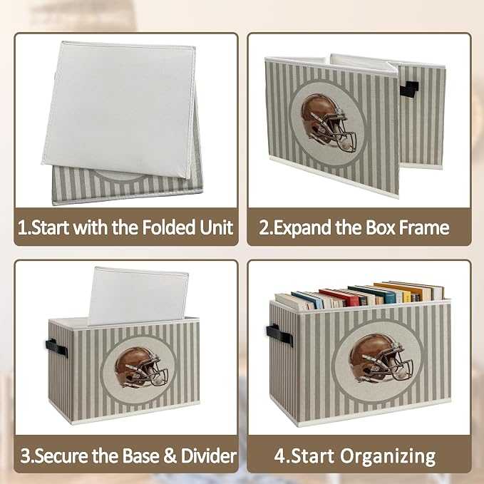 Vintage Football Helmet Boy Storage Bins Box with Handles, Sports Kids Decor for Boys, Neutral Striped Football Collapsible Organizer Basket for Nursery Room Bedroom Playroom Toys Books