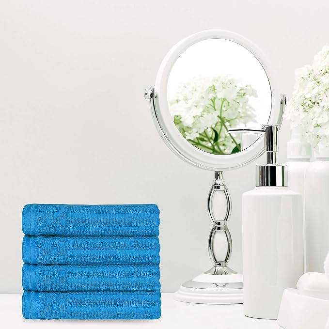 Superior Cotton 4-Piece Solid and Ribbed Hand Towel Set, Hand Towels- 16" x 28", Azure