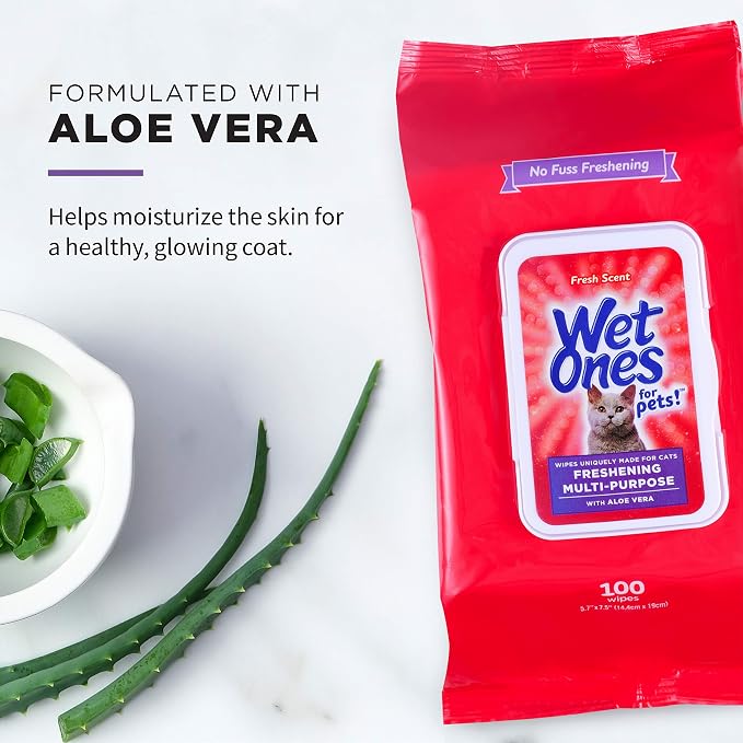 Wet Ones for Pets Freshening Multipurpose Cat Wipes with Aloe Vera, Fresh Scent - Easy to Use Cat Freshening and Grooming Wipes with Wet Lock Seal, 100 Count - 12 Pack