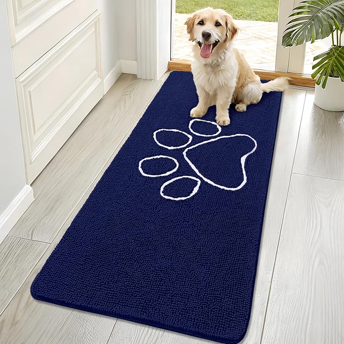 OLANLY Dog Door Mat for Muddy Paws 70x32, Paw Print Design, Absorbs Moisture and Dirt, Absorbent Non-Slip Washable Doormat, Quick Dry Chenille Mud Mat for Dogs, Entry Indoor Entryway Carpet, Navy Blue