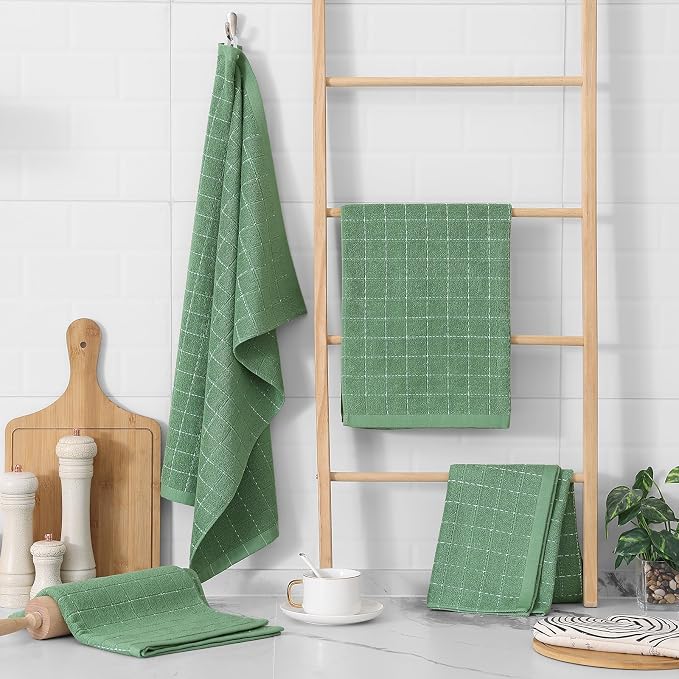 Homaxy 100% Cotton Terry Kitchen Towels(Grass Green, 20 x 28 inches), Checkered Designed, Soft and Super Absorbent Dish Towels, Large 6 Pack