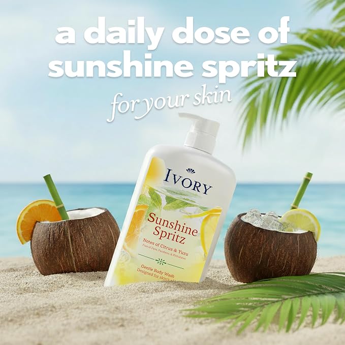 Ivory Body Wash, Designed for the Whole Family, Gentle Formula, Free of Dyes Heavy Perfumes, Parabens & Phthalates, Sunshine Spritz Scent, 35 oz