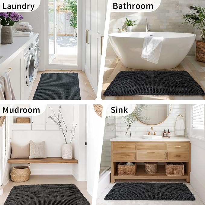 Black Long Bathroom Rug - Waffle Runner Bath Mat Non Slip Washable, Super Absorbent & Quick Dry, Boho Bath Mat Farmhouse Bathroom Decor, 24'' x 60'', Black