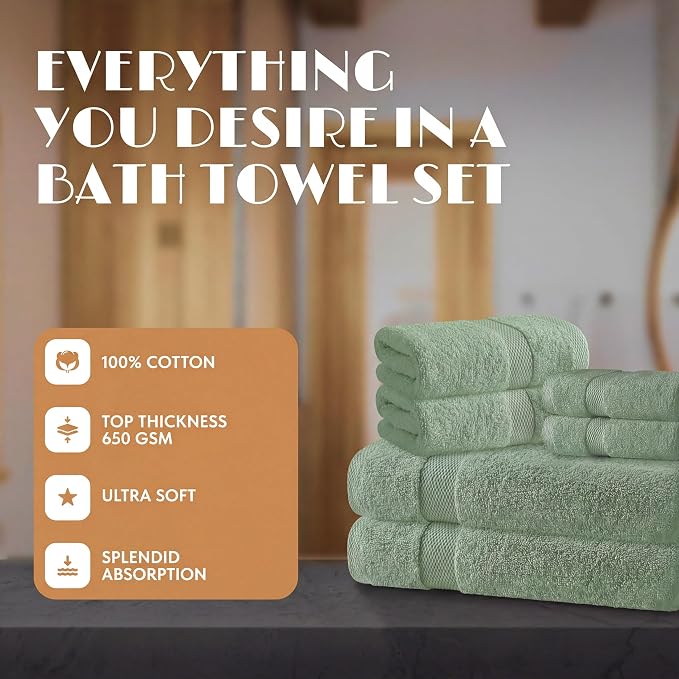 White Classic Mint Green Bath Towel Set of 6-100% Cotton Highly Absorbent Towels for Bathroom, 2 Luxury Bath Towels 650GSM, 2 Hand Towels, 2 Washcloths