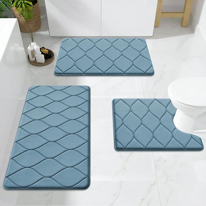 Smiry Memory Foam Bath Mat 30''x20'', Ultra Soft Non-Slip Bathroom Rug, Plush Water Absorbent Quick Dry and Machine Washable Floor Mat for Shower, Tub & Home Decor, Airy Blue