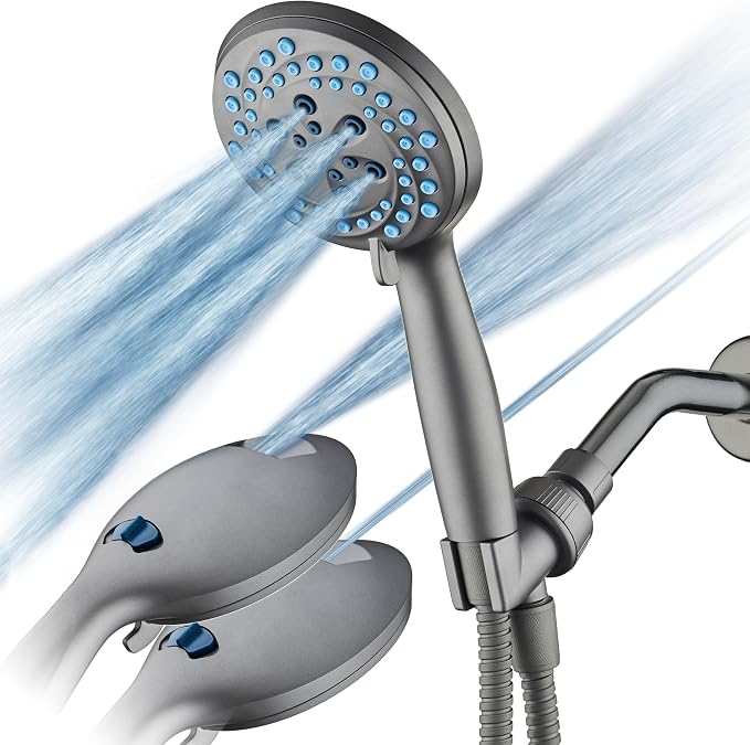 AquaCare Seen-On-TV High Pressure 8-mode Handheld Shower Head - 2-mode Power Wash to Clean Tub, Tile & Pets, Stay-Clean Nozzles, Extra Long 6 ft. Stainless Steel Hose, Wall & Overhead Brackets, Modern