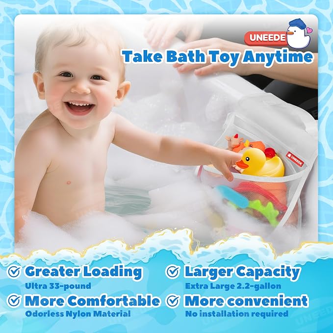 UNEEDE 2-Compartment Mesh Bath Toy Organizer, Easy Access for Children & Parents, Durable 2-Pocket Bath Toys Storage Without Suction Cups,Quick Dry Shower Storage Net to Declutter Bath Time Mess