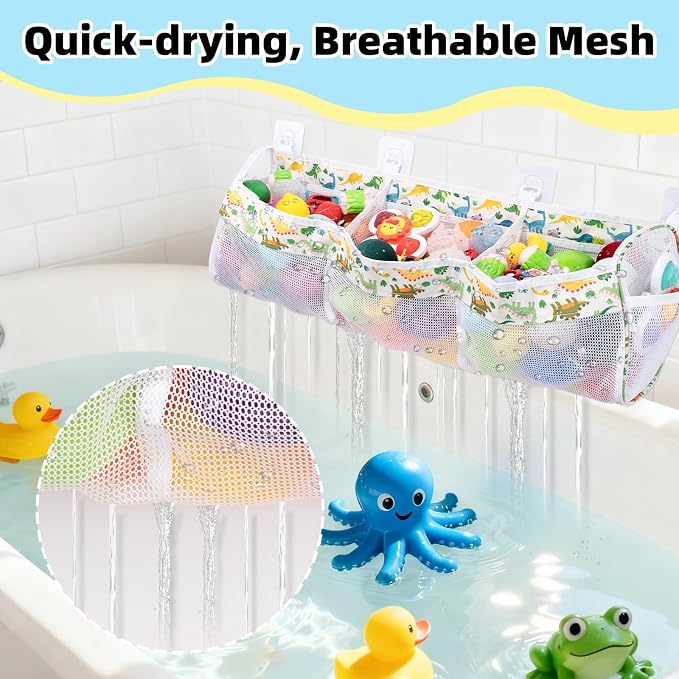Bath Toy Organizer,3 Compartment Horizontal Large Bath Toy Storage with 4 Suction Hooks,Baths Toys Storage Holder Bag Tidy for Accessing & Sorting Toys,Dinosaur