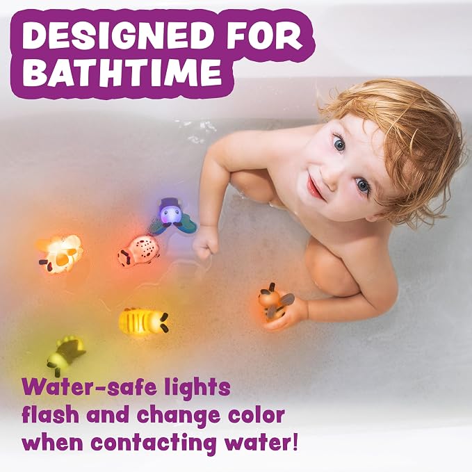 Tub Works® Bugs™ Light Up Bath Toys, 6 Pack | Water-Activated Light Up Toys Flash & Change Color | Easy-Grip Baby Girl & Toddler Bath Toys | Glow Bugs for Kids | Sensory Bathtub Toys with Bath Lights