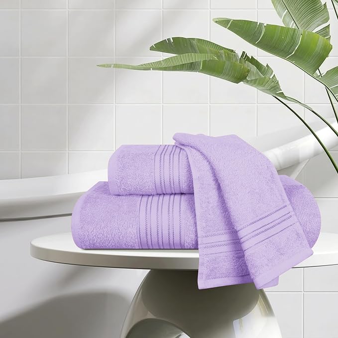BOUTIQUO Ultra Soft 3 Pack Cotton Towel Set, Contains a Bath Towels 28x55 inch, a Hand Towels 16x24 inch & a Wash Coths 12x12 inch, Ideal Everyday use, Compact & Lightweight - Purple