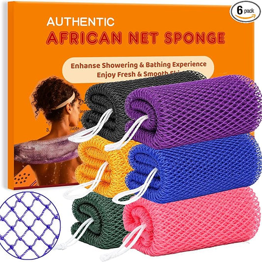 African Net Sponge Authentic, 6 Pieces African Exfoliating Net Sponge Body Back Scrubber Exfoliating Washcloth for Shower Bath for All Types Skin (Black+Purple+Pink+Blue+Olive Green+Gold, 6 Pcs)