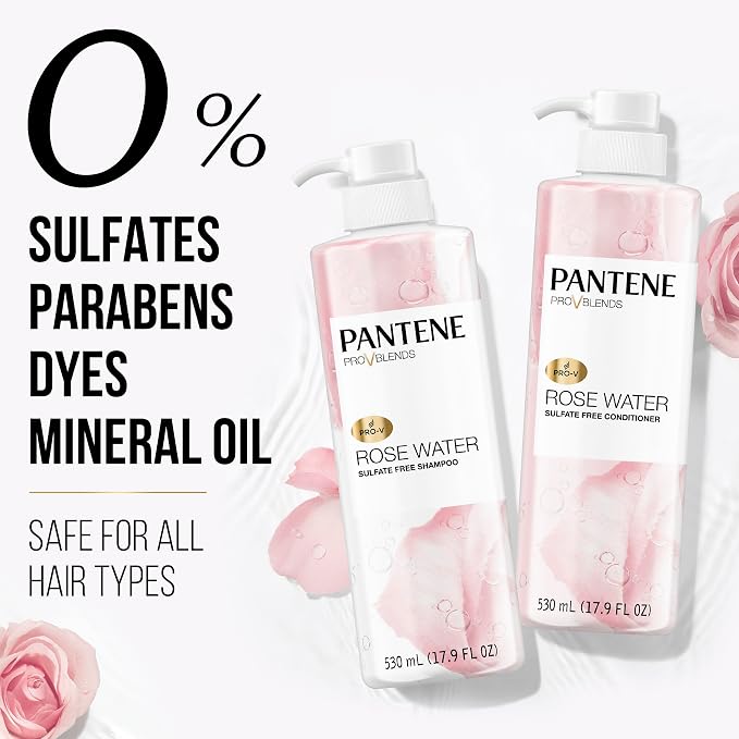 Pantene Sulfate Free Shampoo and Conditioner Set, Rose Water, Soothing and Moisturizing, Infused with Vitamin B5, for all Hair Types, Safe for Color Treated Hair, Pro-V Blend, 17.9 Fl Oz Each, 2 Pack