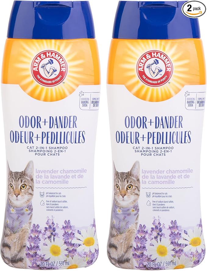 Arm & Hammer 2 in 1 Deodorizing and Dander Reducing Shampoo for Cats Baking Soda Cat Shampoo Odor Control and Coat Cleaning Lavender Chamomile Scent 20 FL OZ 2 Pack Routine Cat Grooming Value