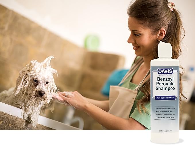 Davis Benzoyl Peroxide Medicated Dog & Cat Shampoo, 12 oz. – Dermatitis and Demodectic Mange, White (DM150 12)