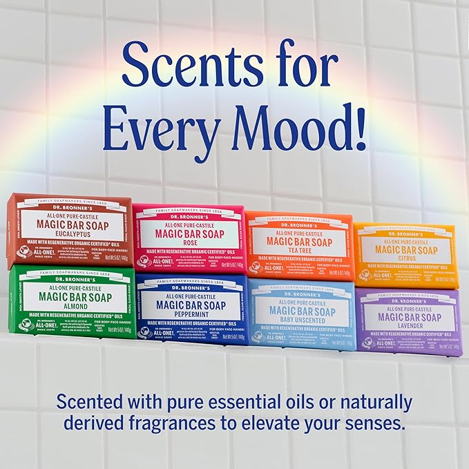 Dr. Bronner's Pure-Castile Magic Bar Soap (Peppermint, 5oz, 12-Pack) – Made with Regenerative Organic Certified Oils, Soap Bars for Men & Women, Vegan, Cruelty-Free, Non-GMO