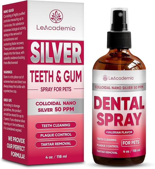 Dental Spray for Pets – Cat & Dog Breath Freshener that Helps with Tartar, Plaque, & Bad Odor – Silver 50 PPM + Valerian Flavour for Dog Teeth Cleaning – 4 Oz