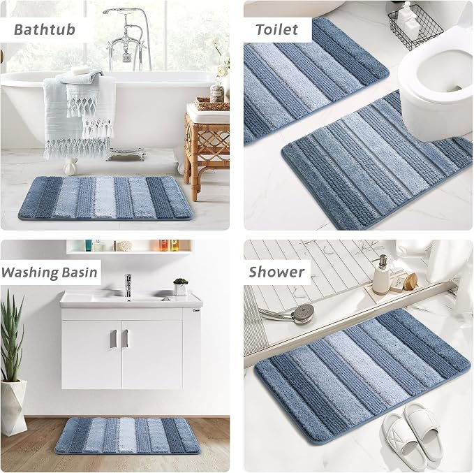 Kmson 3 Pcs Ombre Chenille Bathroom Rugs Set, Non-Slip Ultra Soft Washable Shaggy Bath Rugs for Bathtub, Thick Water Absorbent Microfiber Shower Mat Blue