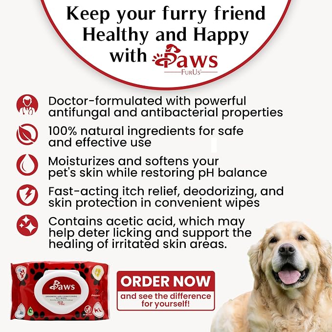PawsFurUs® All-Natural Pet Wipes for Dogs & Cats - Doctor-Formulated for Total Pet Care with Antifungal & Antibacterial Protection, pH Balancing, Moisturizing, Deodorizing & Fast Itch Relief - 72ct.
