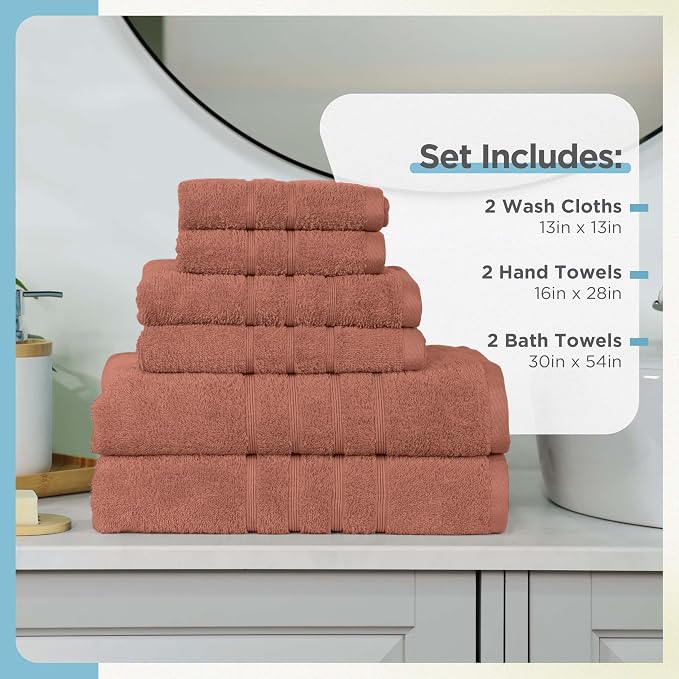 Martex Ultimate Performance 6-Piece Towel Set, Terracotta | 100% Cotton, Supersoft & Absorbent, Low-Linting, Easy Care, Versatile, 2 Bath Towels, 2 Hand Towels, 2 Wash Cloths