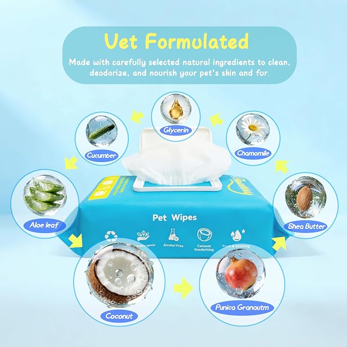 Pet Wipes for Dogs and Cats, Deodorizing Dog Cleaning Wipes with Coconut Extract, Extra Thick Hypoallergenic Dog Wipes for Paws and Butt Ears Eyes Coats, 100 Count