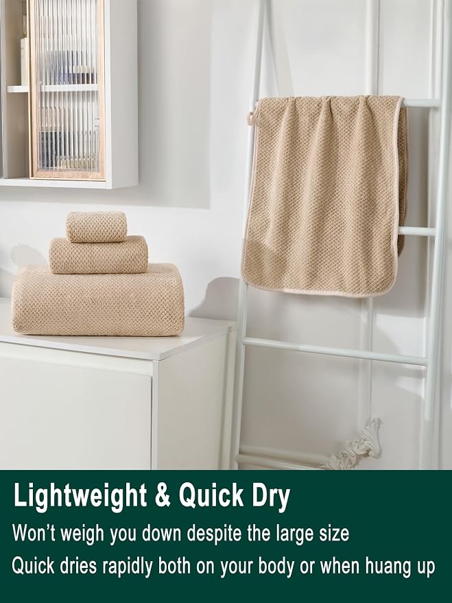 Extra Large Bath Sheet Set 3-Piece, 1 Bath Towel 40x80 Inches, 1 Hand Towel, 1 Washcloth, Soft Absorbent Quick Dry Microfiber Towel for Bathroom Beach Pool Gym Spa, Beige
