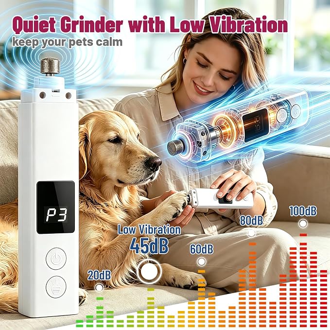 Quiet Dog Nail Grinder with Guard for Dogs Cats | Electric,4-Speed, LED Lights, Grinding Bits, Rechargeable Cordless, Safe Painless, Pet Nail Trimmer for small medium Breeds