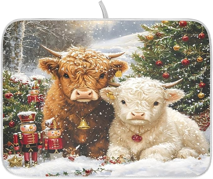 Christmas Highland Cow Dish Drying Mat, Absorbent Drainer Mats for Kitchen Counter Coffee Maker 18"x16"