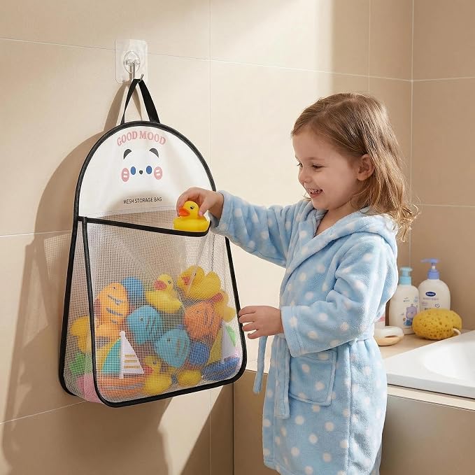 Good Mood Toddler Bath Toy Organizer, Large Capacity Baby Bathtub Toy Storage with Adhesive Hooks, Toy Organizers and Storage for Bath Toys, Bath Toy Holder Kids Bathroom Decor