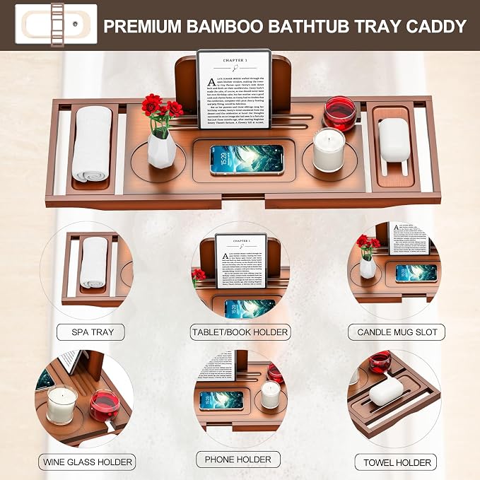Banlilu Bathtub Tray - Bath Tray Expandable - Bath Tub Tray Table for Bathtub, Ajustable Size, Fits Most Tubs