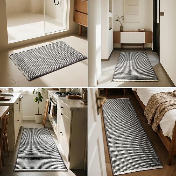 Triohero Waffle Bath Mat, Small Boho Bathroom Rugs Non Slip Washable, Ultra Soft Super Absorbent Quick Dry Farmhouse Bathroom Decor, 16" x 24", Grey & White