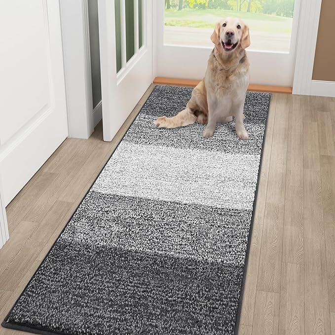 Smiry Dog Door Mat for Muddy Paws, Absorbs Moisture and Dirt, Low-Profile Entryway Mat with Non-Slip Backing, Entry Indoor Outdoor Doormat for Inside Floor (70x24 Inches, Grey, Striped)