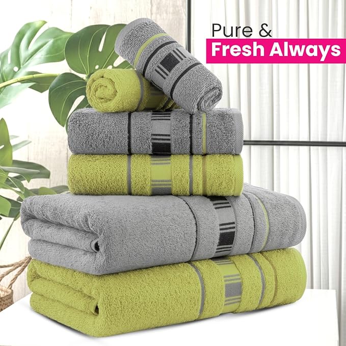 CASA COPENHAGEN X Line 6Pcs 100% Egyptian Cotton Large Designer Towels Gift Set- Grey - Green, 600 GSM, 2Bath 2Hand 2Washcloths, Bath Towels for Bathroom Set for Women & Men