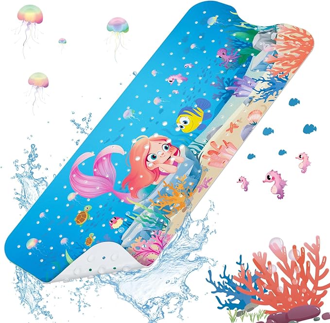 SHUCHING Mermaid Bath Mat for Tub Non Slip-40 X 16 Inch, Girl Bathtub Mat Non Slip, Long Shower Mat for Toddler Baby Kids