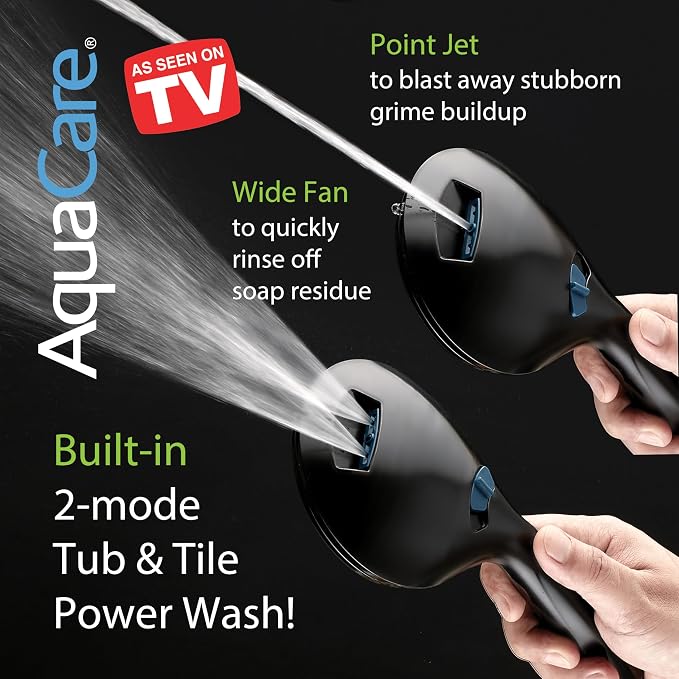 AquaCare Seen-On-TV High Pressure 8-mode Handheld Shower Head - 2-mode Power Wash to Clean Tub, Tile & Pets, Stay-Clean Nozzles, Extra Long 6 ft. Stainless Steel Hose, Wall & Overhead Brackets, Black