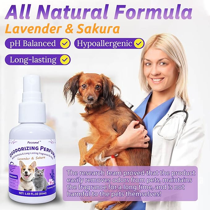Deodorizing Perfume Spray for Pets, luxury Scent, Long-Lasting Fragrance (1.69 Fl Oz, Lavender & Sakaru)