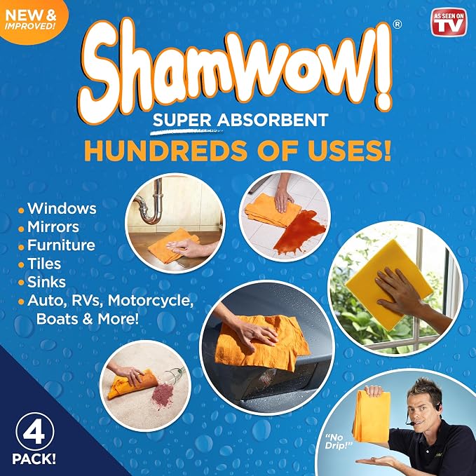 ShamWow 4pk (20"x27") Shammy Super Absorbent Multi-Purpose Home Cleaning, Chamois Towel for Cars, Lint-Free, Streak-Free & Scratch-Free, Holds 10x Its Weight, Machine Washable, Orange