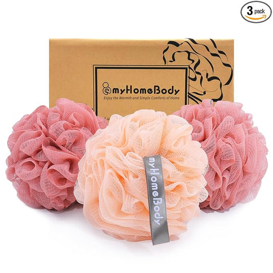 myHomeBody Large 70g Loofah Sponge, Body Scrubber, Bath Sponge, Loofah for Women, Men, Exfoliating Sponge Shower Pouf with Activated Charcoal - 3 Pack, 2 Coral Red + 1 Peach