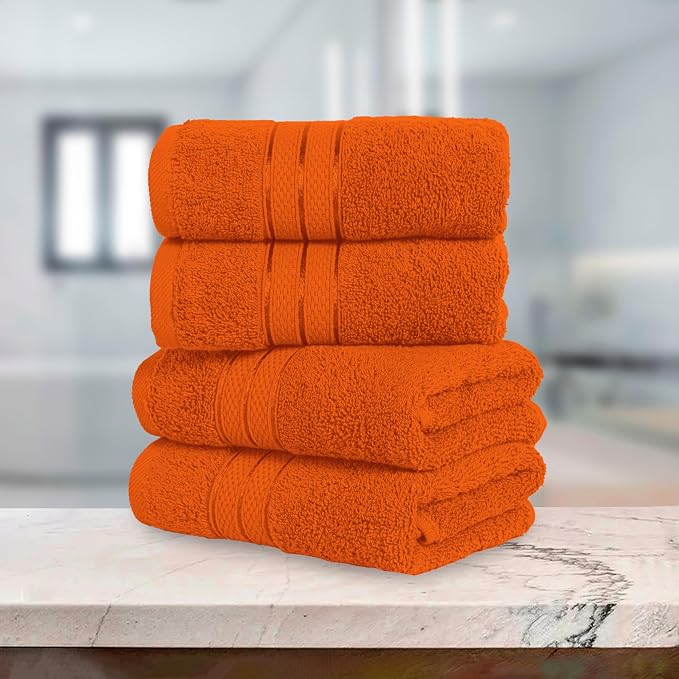 Elegant Comfort Three Line Popcorn Towel Set for Bathroom 16 x 28 inches, Premium Hotel Quality 4-PACK Hand Towels, 100% Turkish Cotton, Soft and Durable,Quick Dry and Highly Absorbent, Vibrant Orange