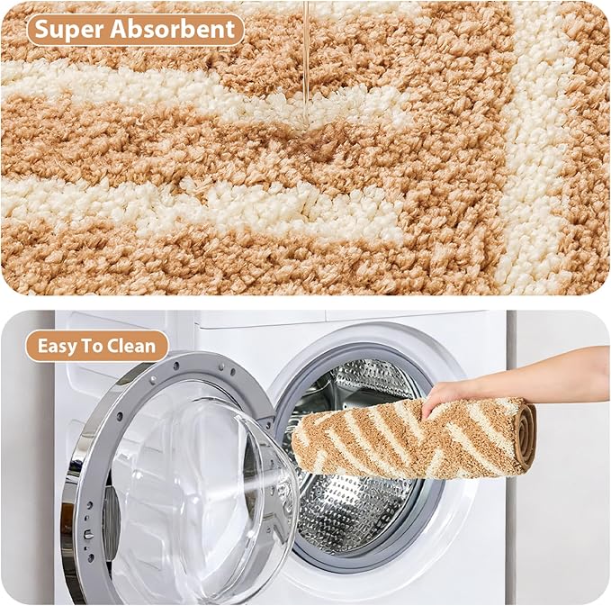 ORTIGIA Striped Khaki Bathroom Rugs Non Slip Washable, 20x30 Quick Dry Absorbent Soft Plush Microfiber Bath Mats, Bath Rugs for Bathroom Floor Carpet for Sink Bedroom