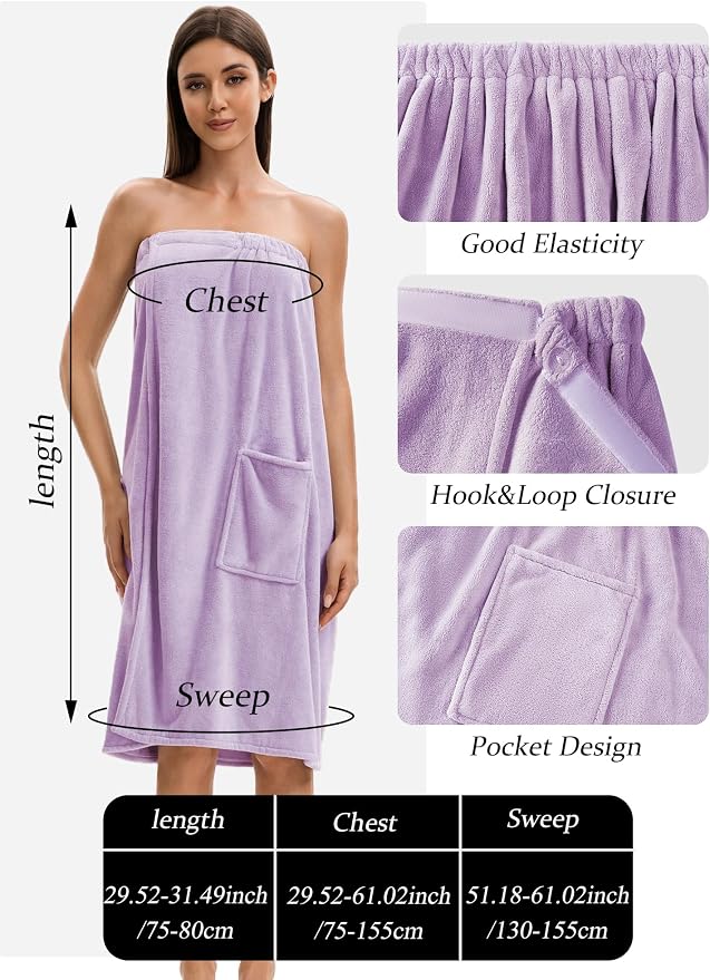 Towel Wrap For Women After Shower，Plush Bath Robe Female，Sauna Spa Wrap Around Towels With Pockets