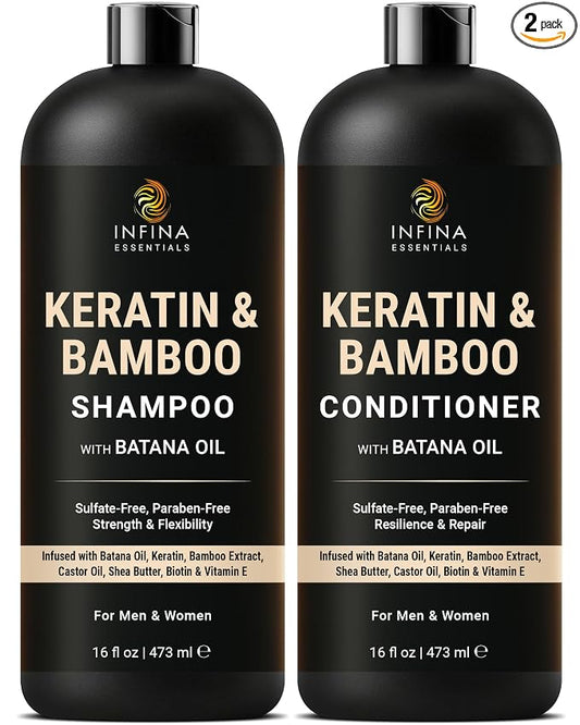 INFINA ESSENTIALS Keratin Shampoo and Conditioner Set | Frizz Control & Smoothing with Batana Oil & Bamboo Extract | Sulfate-Free | Men & Women | 16 fl oz Each