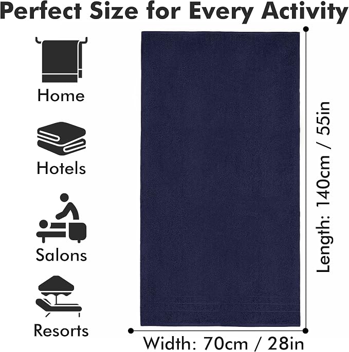 Bath Towels Set of 4 – 100% Ring Spun Cotton Navy Blue Extra Large Towels for Bathroom, Spa Use (55x28 in) – 550 GSM Super Soft and Quick Dry Large Bath Sheets for Adults