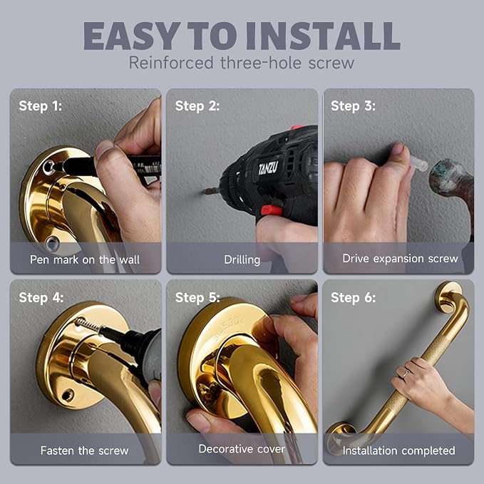 20 Inch Shower Grab Bar 1.25" Dia, Gold Anti Slip Bathroom Grab Bar, 304 Stainless Steel Knurled Handicap Grab Bars, Safety Support Handrail, Assist Bath Shower Handle for Elderly Injury Senior