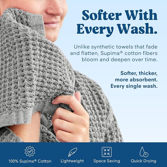 ONSEN Supima® Waffle Hand Towels, Quick Dry Lint Free 100% USA Cotton, Lightweight Absorbent Hand Towel Set, 16x30 in (Cinder Grey, Hand Towel 2-Pack)