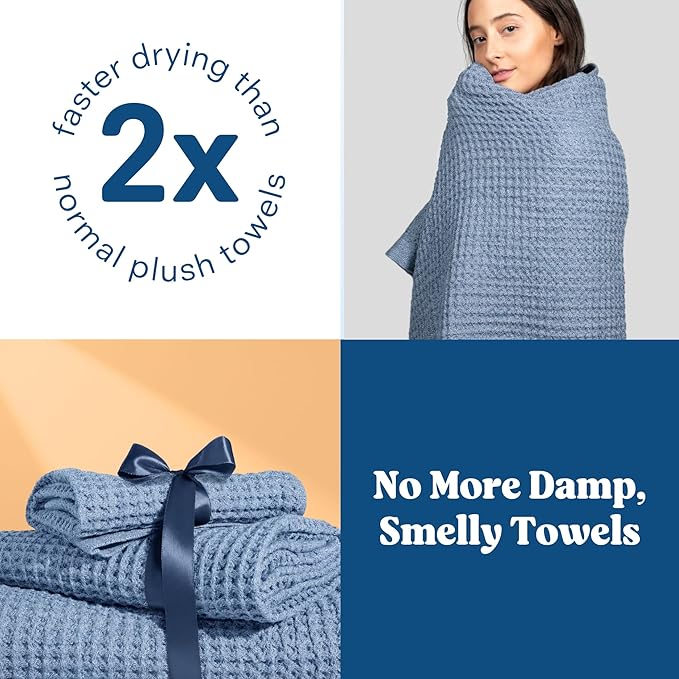 ONSEN Supima® Waffle Bath Sheet, Large, Quick Dry Lint Free 100% USA Cotton, Oversize Lightweight Absorbent Bath Sheet, 38x67 in (Denim Blue, 1x Bath Sheet)