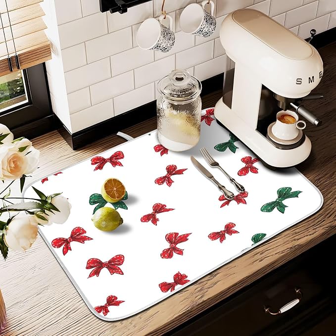 Christmas Bow Pattern Dish Drying Mat, Absorbent Drainer Mats for Kitchen Counter Coffee Maker 24"x18"