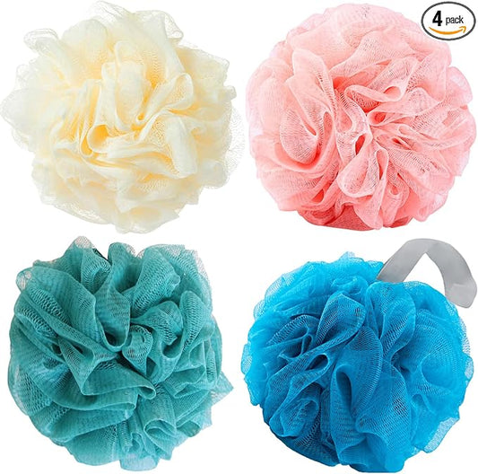 Luffa Loofah Sponge Shower Loofahs 50g Shower Bath Sponges Exfoliating Mesh Pouf Mesh Balls for Body Wash Back Scrubber Bathroom Men Women Soft Scrubber Cleaning Bathing Accessories Tool (4Colors)