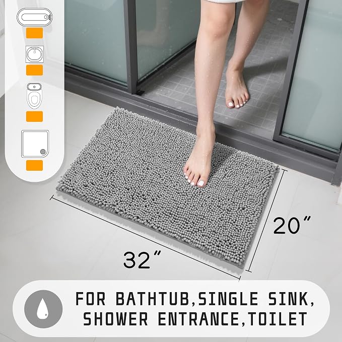 Yimobra Washable Bathroom Rugs, Super Soft & Absorbent Chenille Bath Mat for Floor & Carpet, Quick Dry Non Slip Bath Mat for Tub Shower, 32"x20",Gray